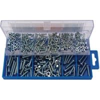 Clear plastic case with blue base containing 366 silver panhead screws and nuts in assorted sizes.