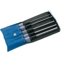 Draper 5-piece parallel pin punch set, 200mm, silver metal rods with black grips in a blue plastic pouch.