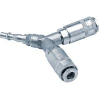 Silver Draper PCL twin standard coupling with two male couplings and one tailpiece, metallic finish.