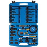 Blue Draper engine compression test kit with 37 pieces, including gauges, hoses, and adapters in a molded case.