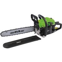 Green Draper petrol chainsaw, 450mm blade, 45cc engine, black handle, and protective blade cover.