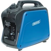 Blue and black Draper petrol inverter generator with control panel and carrying handle, 1000W capacity.