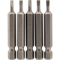 Set of five silver Draper plain slot insert bits, 3mm wide, 1/4" hex shank, 50mm long, with engraved markings.