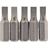 Set of five silver Draper plain slot insert bits, 4.5 mm wide, 1/4" hex shank, 25mm long, with flat tips.