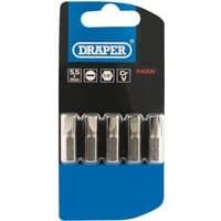 Pack of 5 Draper plain slot insert bits, 5.5mm, 1/4" hex, 25mm long, in a black and blue blister packaging.