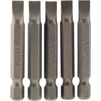 Pack of five silver Draper plain slot insert bits, 6mm wide, 1/4" hex shank, 50mm long, with engraved markings.