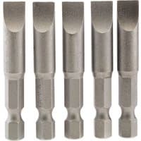 Set of five silver Draper plain slot insert bits, 8mm wide, 1/4" hex shank, 50mm long, with flat tips.