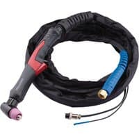 "Draper Plasma Cutting Torch, 55A with black handle, red trigger, coiled cable, and blue protective sleeve"