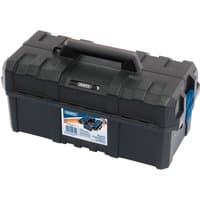 Black Draper plastic cantilever toolbox, 454mm, with sturdy handle and blue side latches.