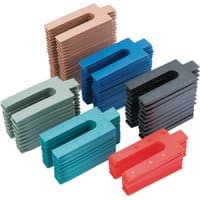 Multicolored Draper plastic frame packers in various sizes, stacked in a bag of 100, featuring a U-shaped design.