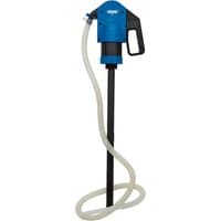 Blue and black Draper plastic lever pump with long hose and ergonomic handle.