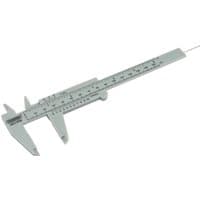 Gray Draper plastic vernier caliper with measurement range of 0-150mm, featuring dual scale and sliding jaw.