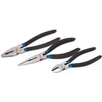 Draper Pliers Set, 3-piece with black handles and blue accents, includes needle-nose, diagonal, and combination pliers.