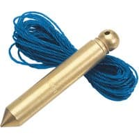 Brass Draper plumb bob with pointed tip, blue nylon line coiled, 100g weight, 5m length.