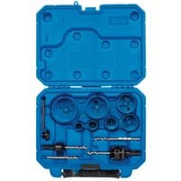 Blue Draper Plumber's Hole Saw Kit with 13 pieces, including various saw sizes and drill bits in a plastic case.