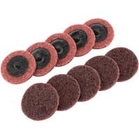 Draper 50mm polycarbide abrasive pads, medium grit, red-brown color, black center, pack of 10.