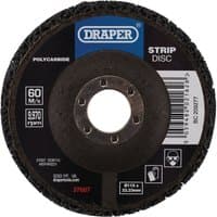 Black Draper polycarbide strip disc, 115mm diameter, 22.23mm bore, 180 grit, with central hole and blue logo.