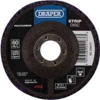 Purple Draper polycarbide strip disc, 115mm diameter, 22.23mm bore, 180 grit, with central hole and printed label.