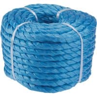 Blue Draper polypropylene rope, 15m x 10mm, coiled with white ties, textured braided surface.
