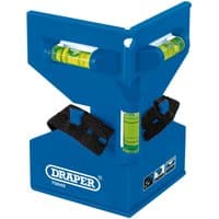 Blue Draper post level with three bubble vials and black adjustable straps for leveling posts and pipes.