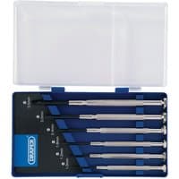Draper Precision Screwdriver Set, six silver slot screwdrivers in a blue and black case with clear lid.