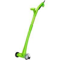 Green Draper electric patio weeder sweeper with long handle, two wheels, and protective brush cover.