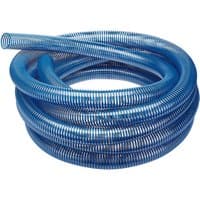Blue Draper PVC suction hose, 10m length, 50mm diameter, coiled with ribbed texture and transparent finish.