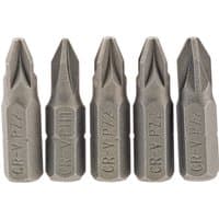 Draper PZ Type Insert Bits, 1/4" hex, 25mm long, No.2, pack of 5, gray steel with engraved markings.