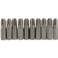 Draper PZ Type Insert Bits, 1/4" hex, 25mm long, No.3, pack of 10, gray steel finish, lined up horizontally.