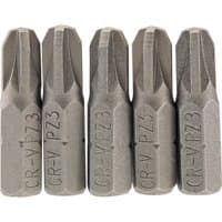 Set of five Draper PZ Type Insert Bits, 1/4" hex, 25mm long, No.3, gray steel with CR-V PZ3 engraved on each.