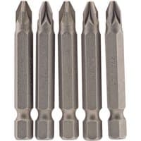 Set of five silver Draper PZ Type Insert Bits, 1/4" hex, 50mm long, No.2, with hexagonal shank and cross-shaped tip.