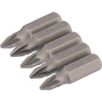 Draper PZ Type Insert Bits, No.1 x 25mm, 1/4" hex, silver, pack of 5 with pointed tips and engraved markings.