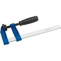 Blue and silver Draper Quick Action Clamp, 150mm x 50mm, with a black ergonomic handle and metal bar.