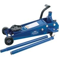 Blue Draper 'Quick Lift' trolley jack, 3 tonne capacity, with black wheels and detachable handle.