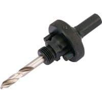 Black Draper holesaw arbor with silver HSS pilot drill and quick release hex shank, suitable for 32-210mm holesaws.