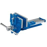 Blue Draper woodworking bench vice, 175mm, with quick release mechanism, dual chrome handles, and sturdy metal jaws.