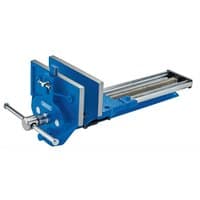 Blue Draper woodworking bench vice with quick release, 225mm jaw width, silver handle, and steel screw mechanism.