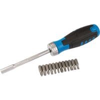 Black and blue Draper ratchet screwdriver with silver shaft and 12 interchangeable bits.