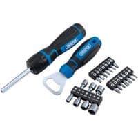 Draper ratchet screwdriver set with black and blue handle, includes 23 pieces with various bits and sockets.