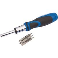 Draper ratchet screwdriver with blue and black handle, includes 12 interchangeable bits in a compact set.