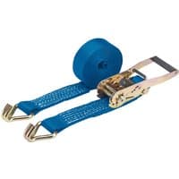 Blue Draper ratchet tie down strap, 5m x 50mm, with metal hooks and ratchet mechanism, 2500kg capacity.