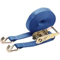 Blue Draper ratchet tie down strap, 8m x 35mm, with metal hooks and ratchet mechanism, 1000kg capacity.