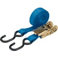 Blue Draper ratcheting tie down strap, 4.5m x 25mm, with black hooks and gold ratchet, 750kg capacity.