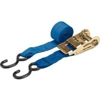 Blue Draper ratcheting tie down straps, 5.4m x 50mm, with black hooks and gold ratchet mechanism, 1000kg capacity.