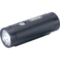 Black Draper rechargeable LED bicycle front light with cylindrical design and power button on top.