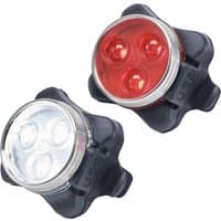 Black Draper rechargeable LED bicycle light set with circular red and white lights, featuring USB charging ports.