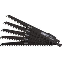 Black Draper reciprocating saw blades, 150mm, 6tpi, pack of 5, designed for wood and plastic cutting.