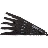 Black Draper reciprocating saw blades, 200mm, 6-10tpi, pack of 5, designed for wood and plastic cutting.
