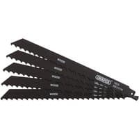 Black Draper reciprocating saw blades, 225mm, 3tpi, for wood and plastic, pack of 5 with white branding.