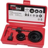 Redline 11-piece holesaw kit in red plastic case with various black circular saw attachments and drill bit.